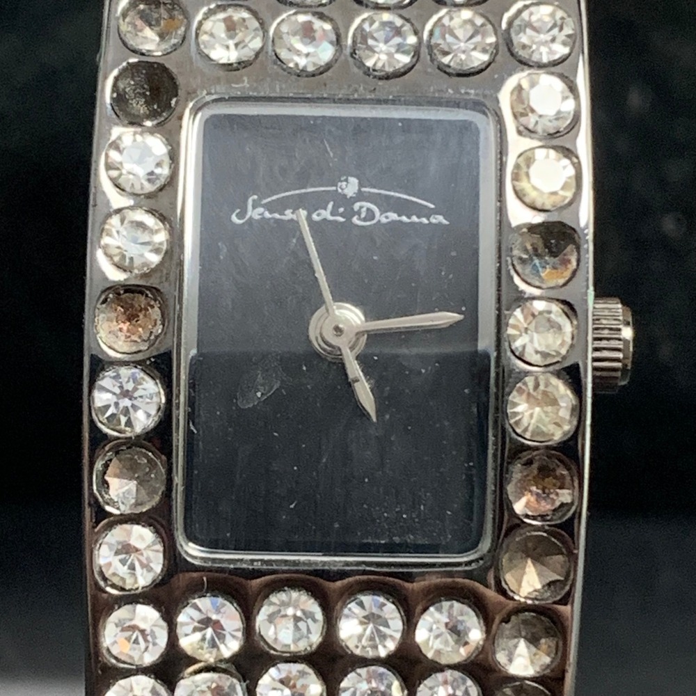 Senso di Donna Rhinestone Bangle Watch Silver Tone Black Dial Quartz Cuff